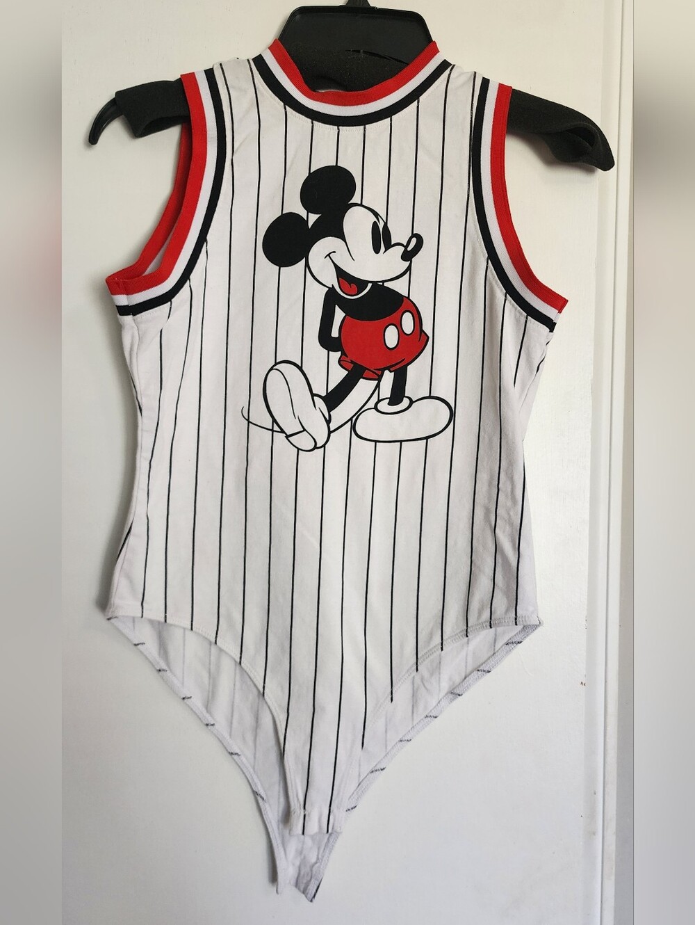 Rare Disney Pinstripe White, Black & Red Mickey Mouse Womens Bodysuit Medium